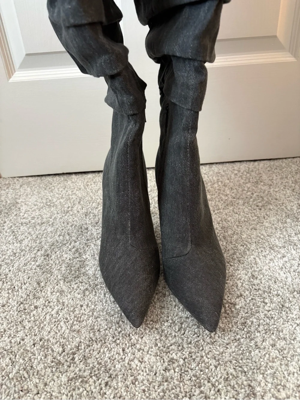 JustFab Gray Slouchy Pointed-Toe Over-the-Knee Stiletto Boots